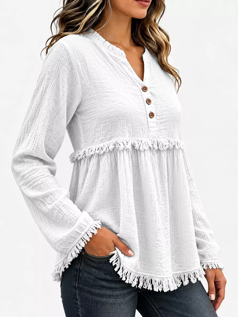 Full Size Frayed Hem Button Detail Blouse Plus Size, image 47