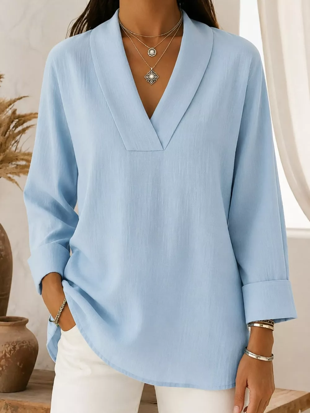 Full Size V-Neck Long Sleeve Blouse Plus Size, image 2