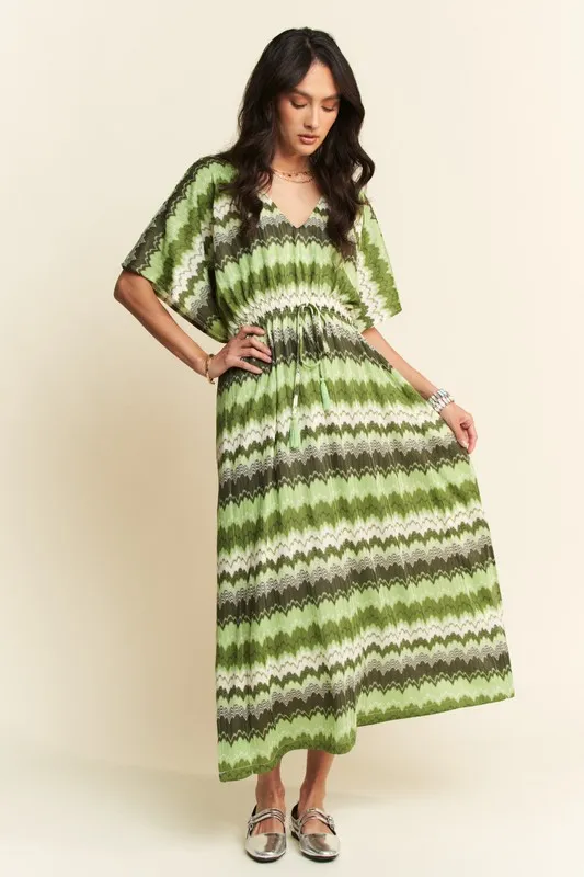 Multi Color Wavy Tie Waist Flowy Sleeve Dress, image 4