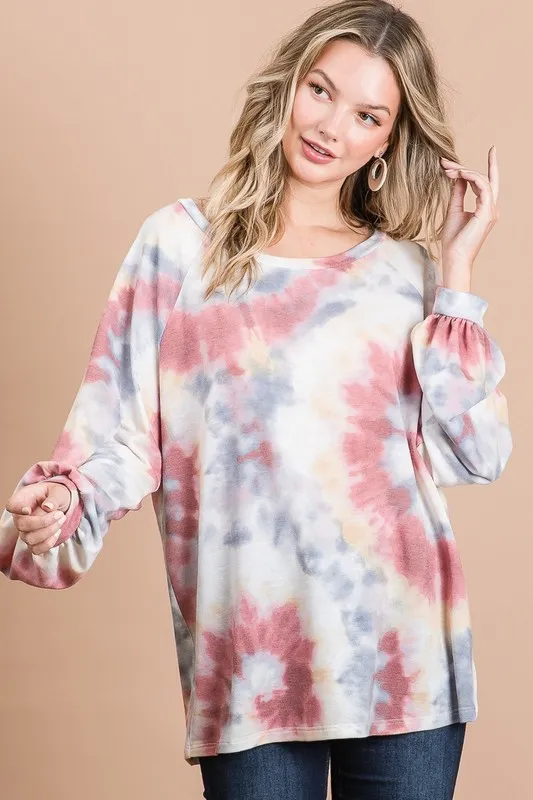 Tie Dye Print Terry Top With Puff Sleeves, image 3