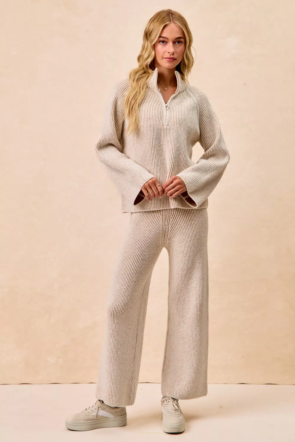 Two Tone Rib Texured Knit Collared Top with Zip Up, image 34