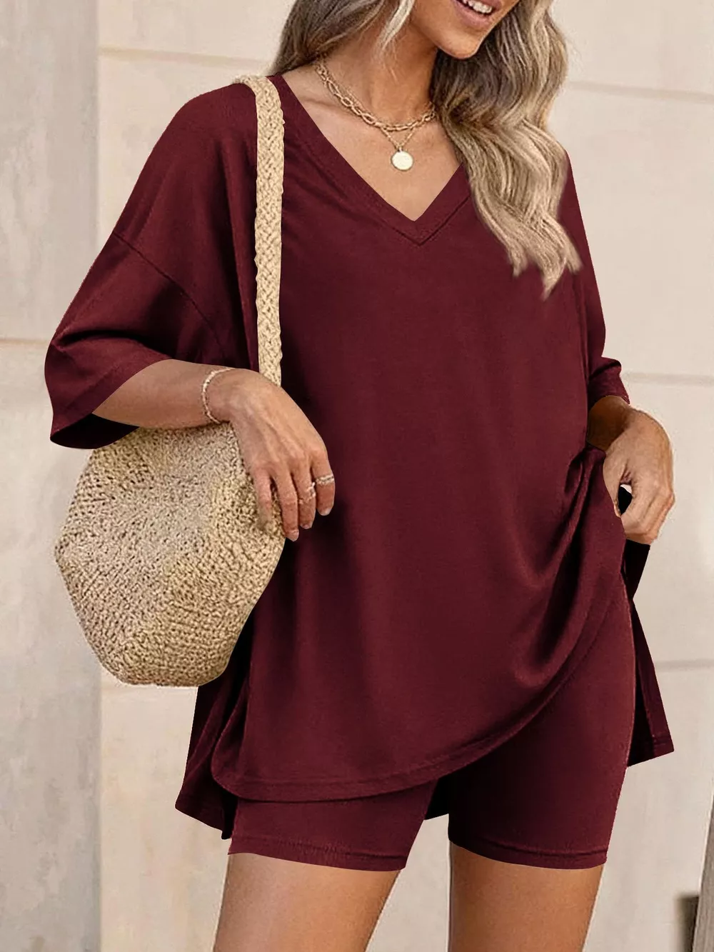 Full Size Casual Loose V-Neck T-Shirt & Shorts Set Plus Size, image 21