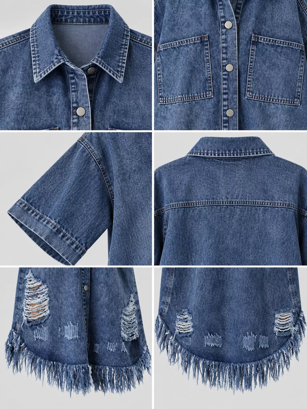 Plus Size Distressed Frayed Hem Button-Down Denim Dress, image 9