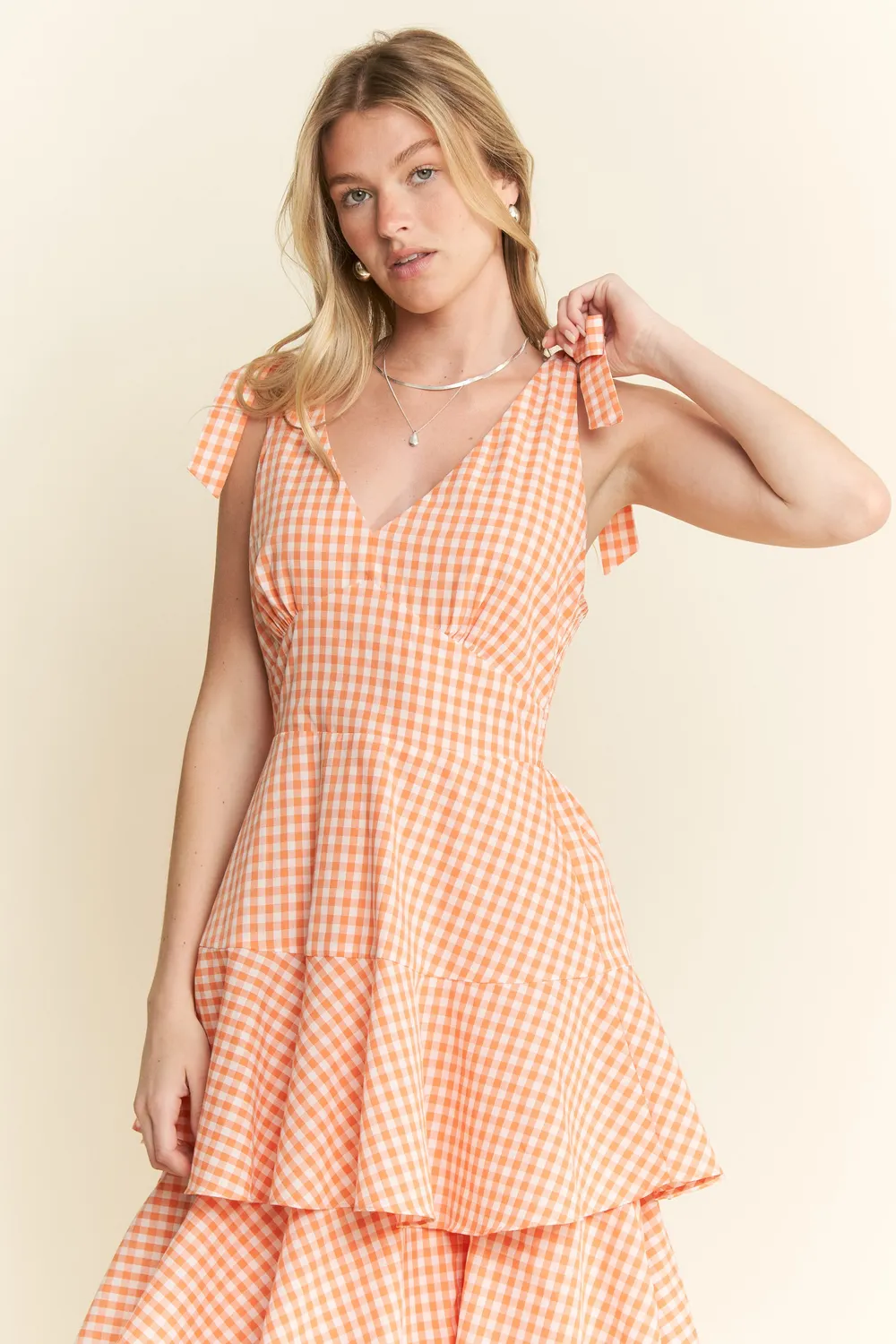 Sleeveless Gingham Print Tiered Midi Dress, image 9