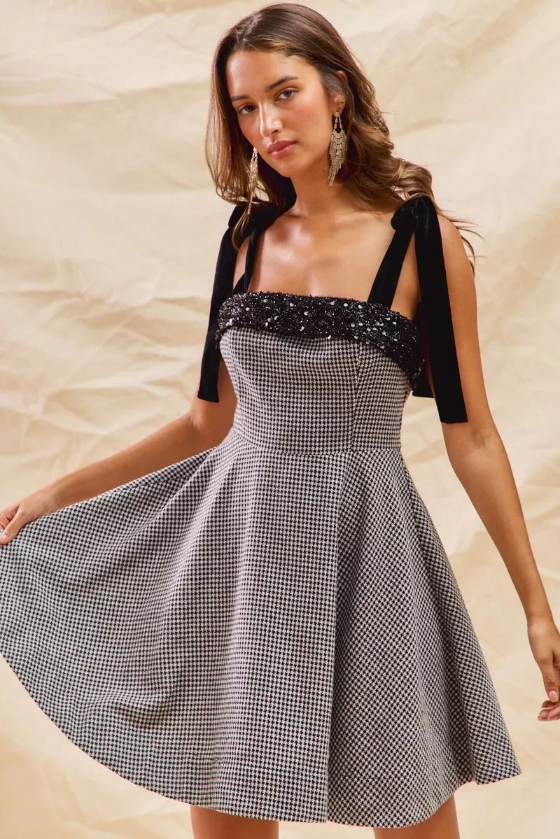 Houndstooth Fit Flare Mini Dress with Shoulder Tie, image 14