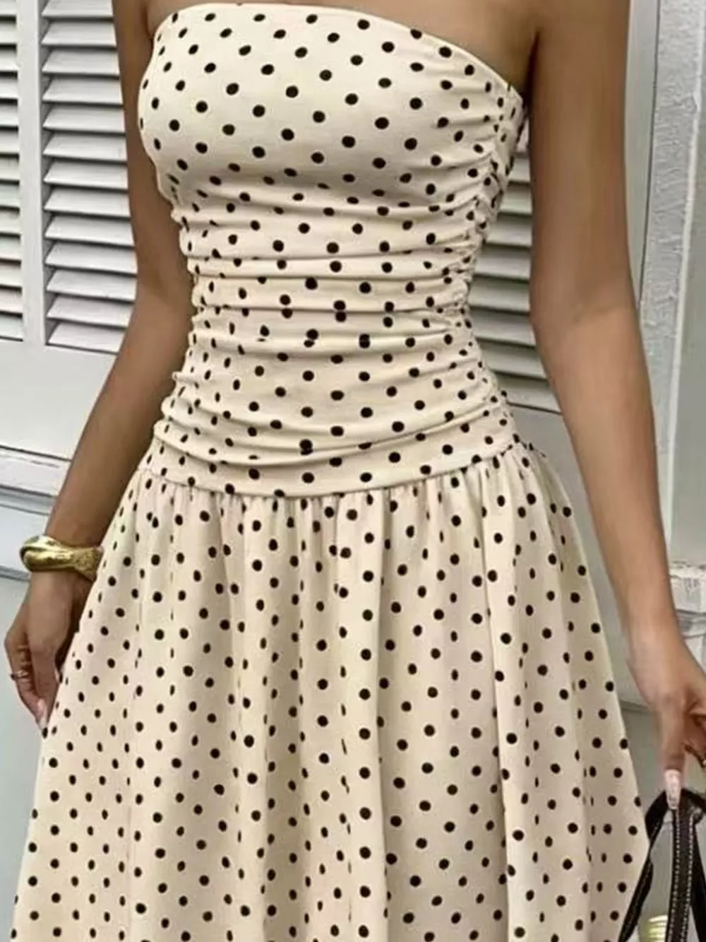 Strapless Polka Dot Ruched Maxi Dress, image 38