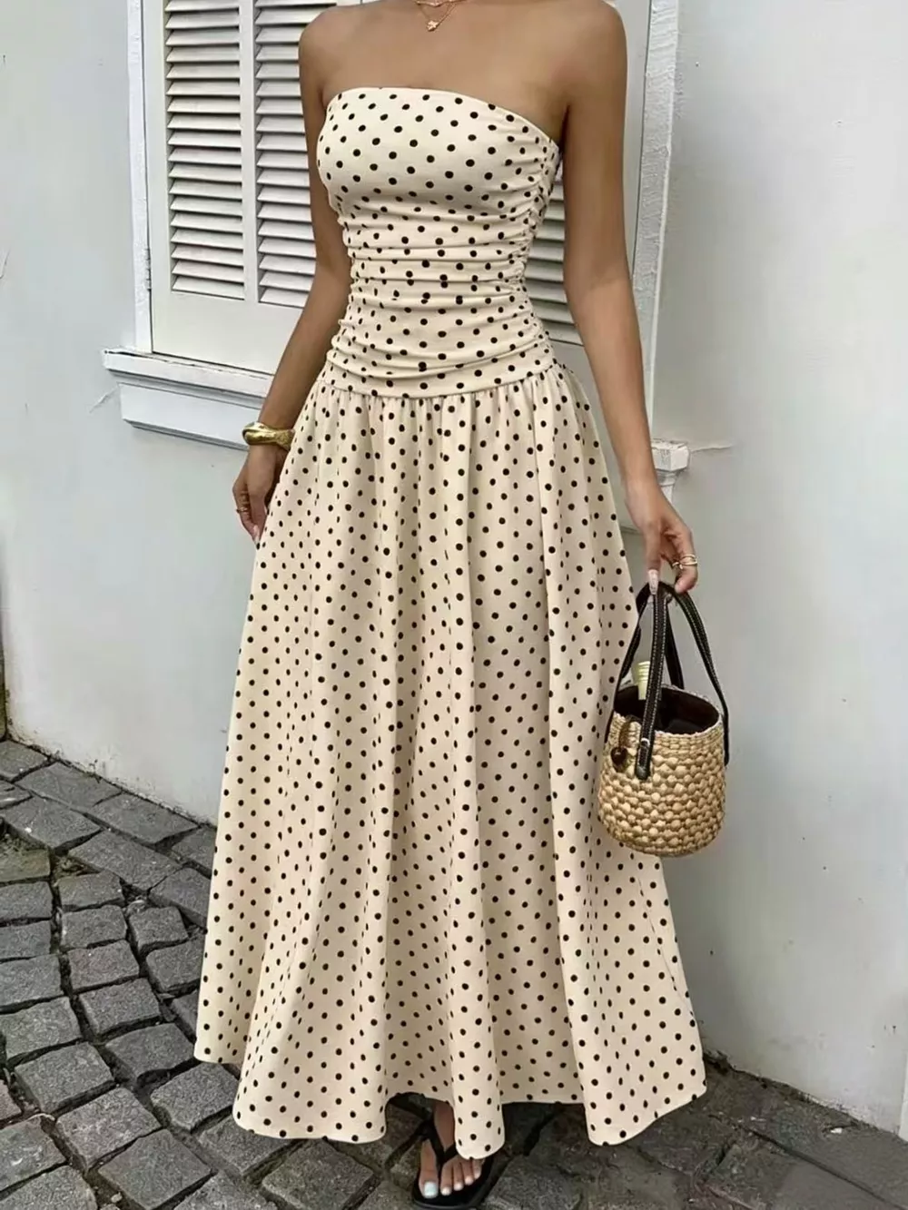 Strapless Polka Dot Ruched Maxi Dress, image 36
