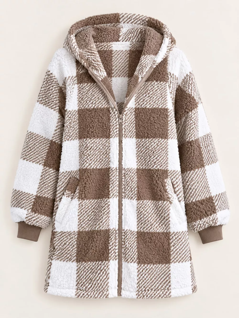Full Size Plaid Sherpa Hooded Zip-Up Outerwear Plus Size, image 7