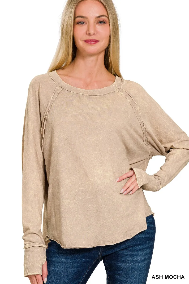 Crinkle Washed Thumb Hole Cuffs Long Sleeve Top, image 2
