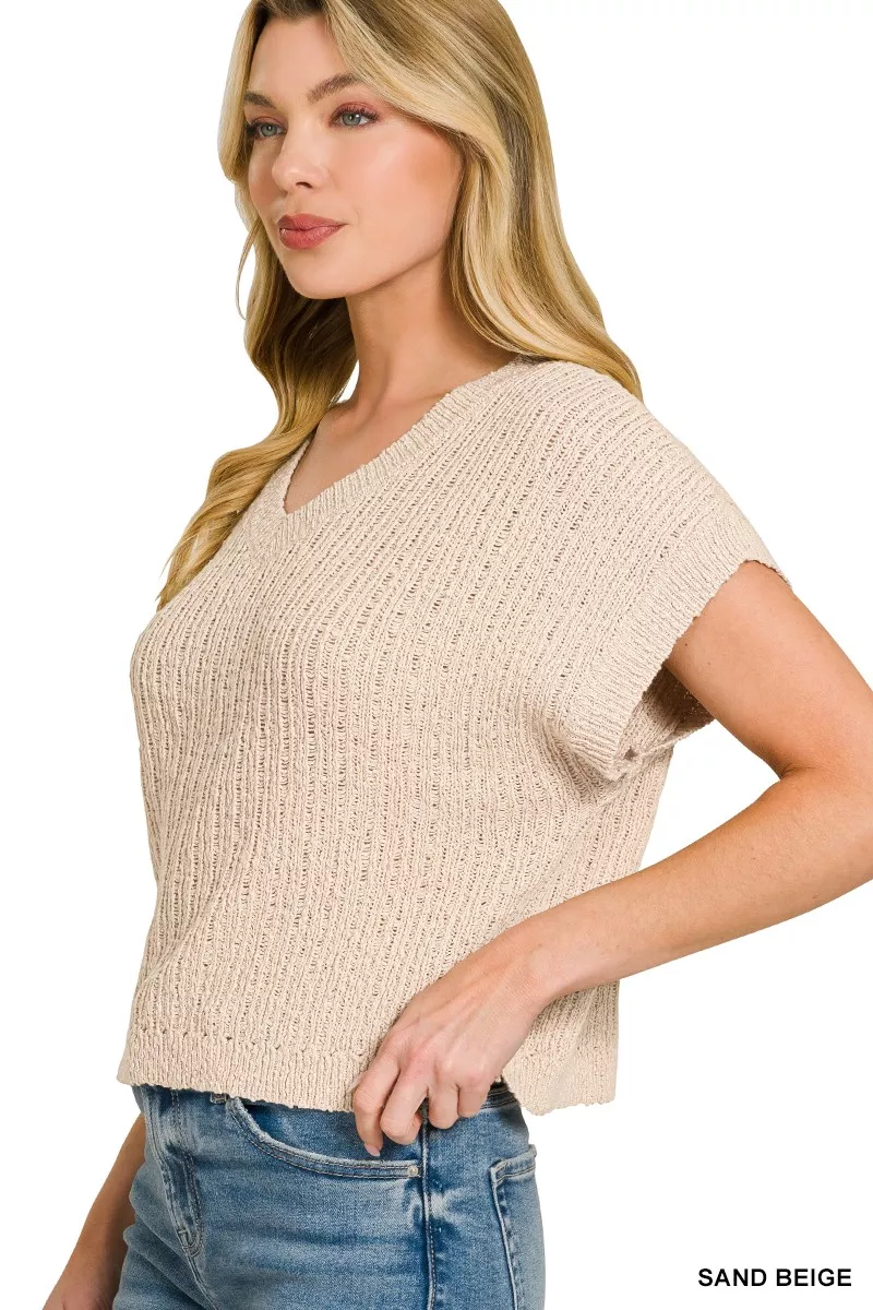 Textured Knit V-Neck Cropped Sweater, image 3