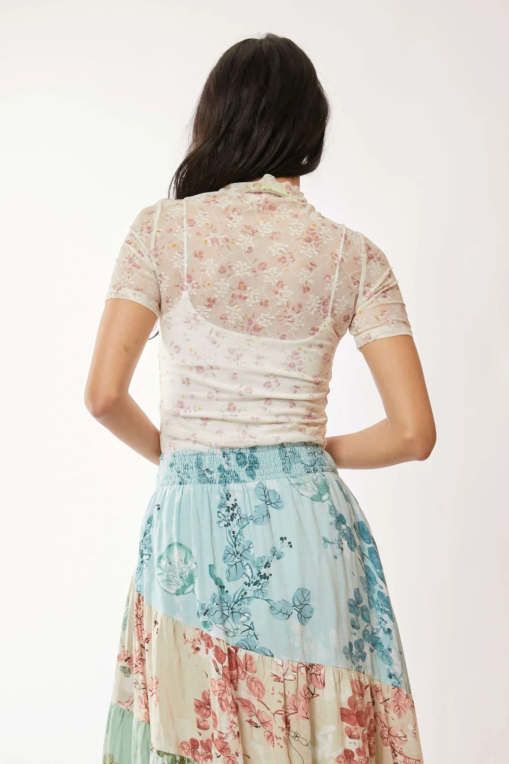 Floral Mesh Mock Neck Short Sleeve Top, image 7