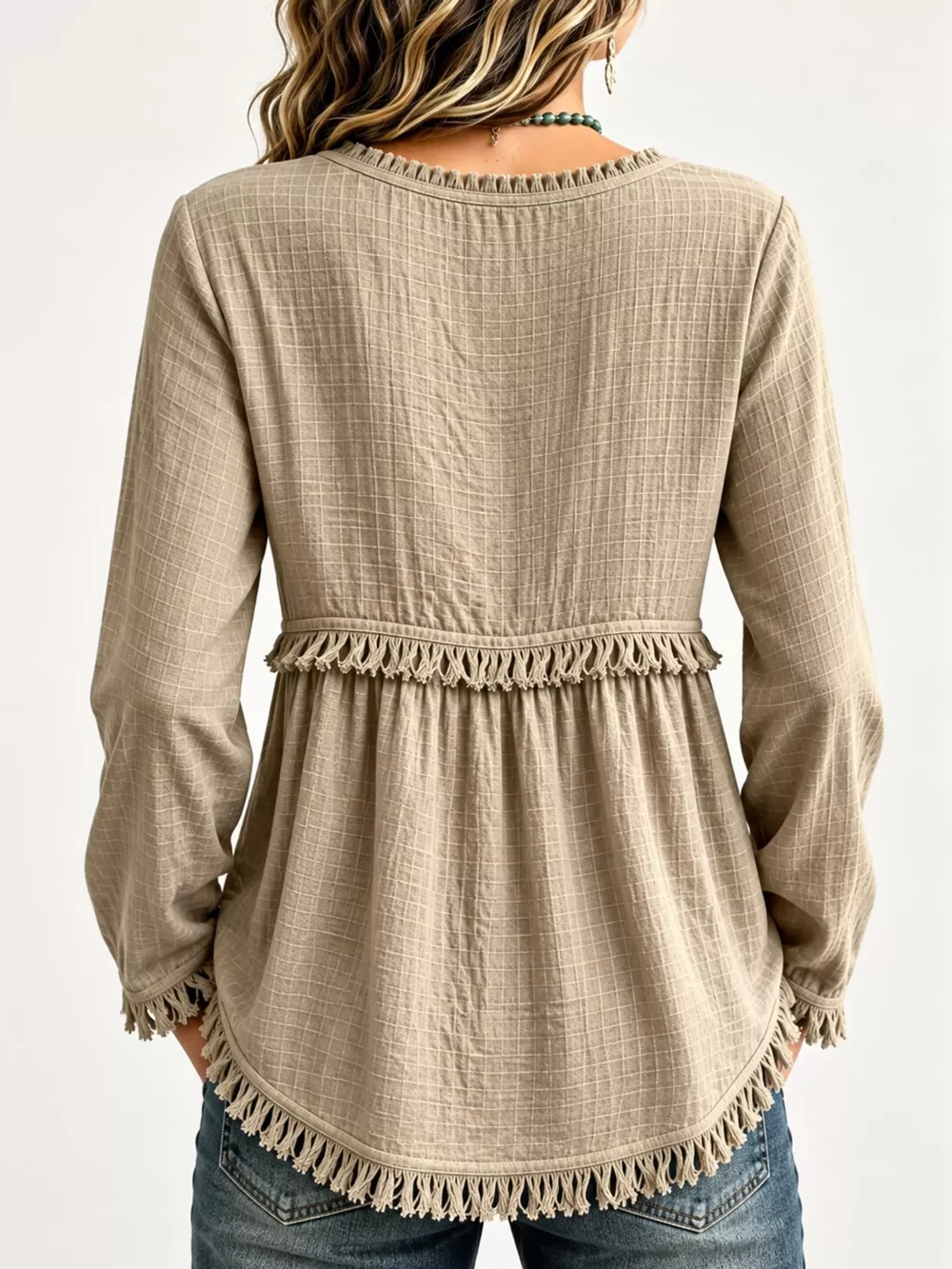 Full Size Fringed Trim V-Neck Long Sleeve Blouse Plus Size, image 20