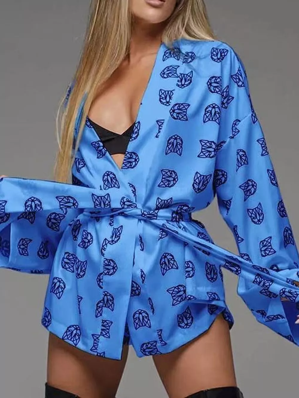 Geometric Cat Print Cardigan and Shorts Lounge Set, image 23