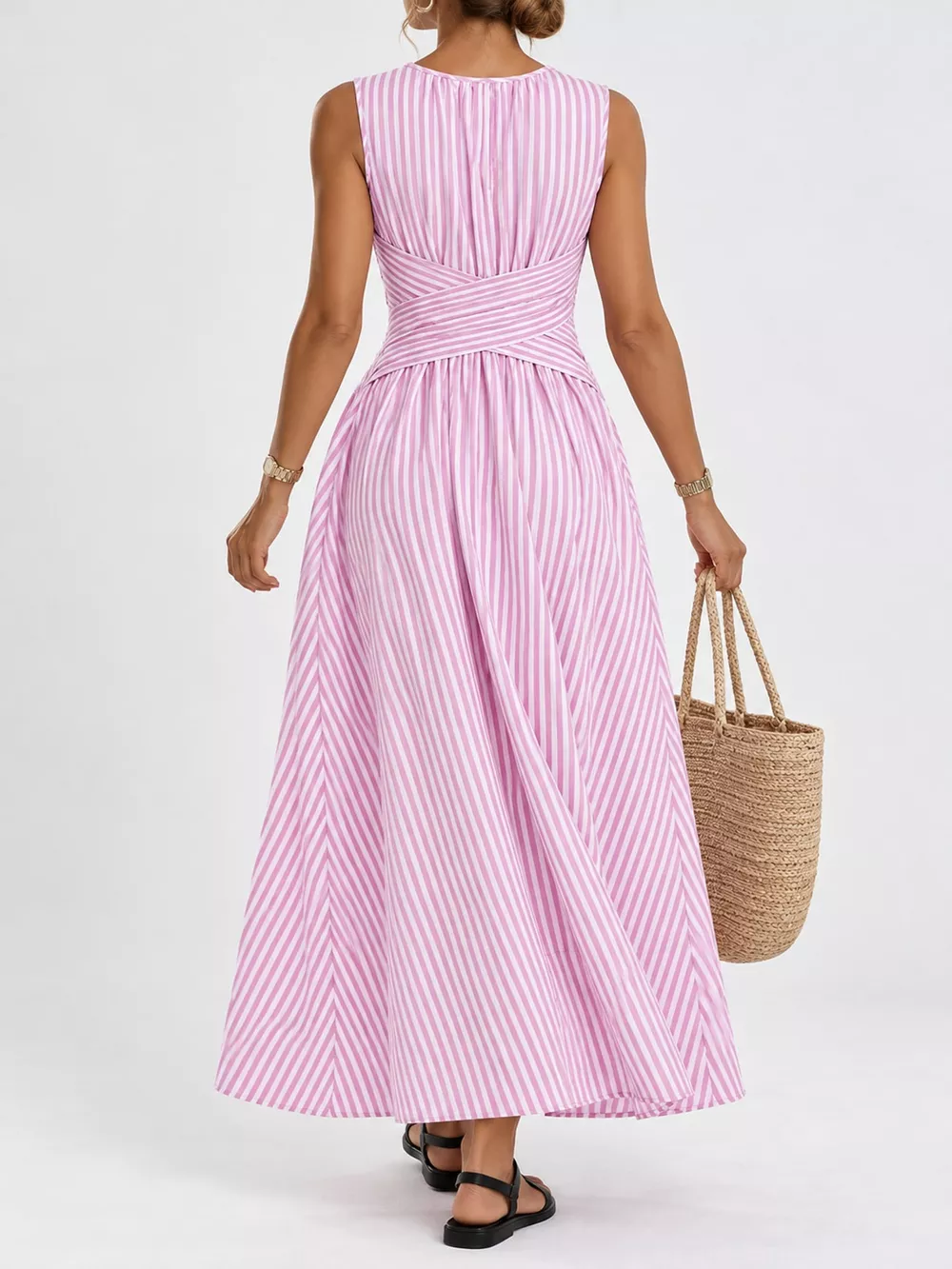 Full Size Sleeveless Striped Maxi Dress with Criss-Cross Waist Detail Plus Size, image 13