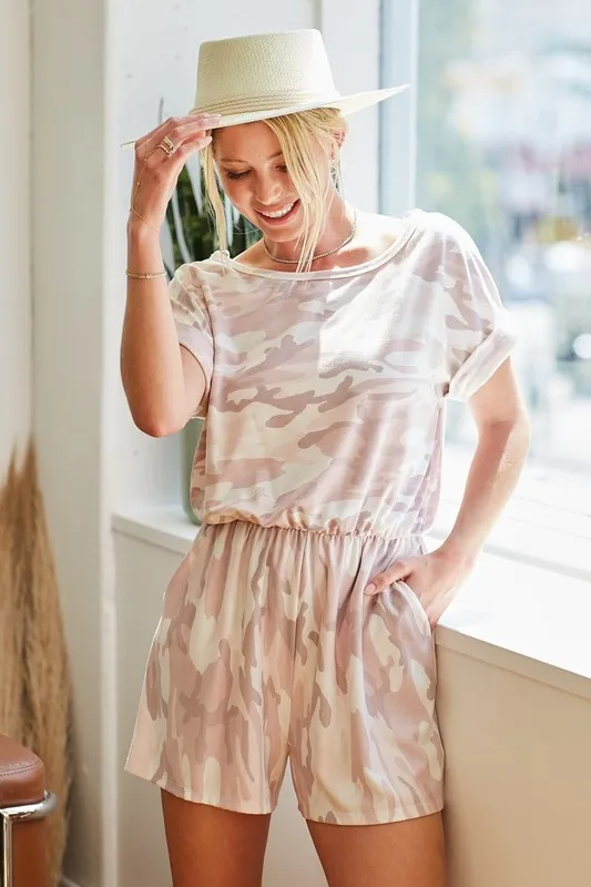 Camo Print French Terry Romper with Side Pockets