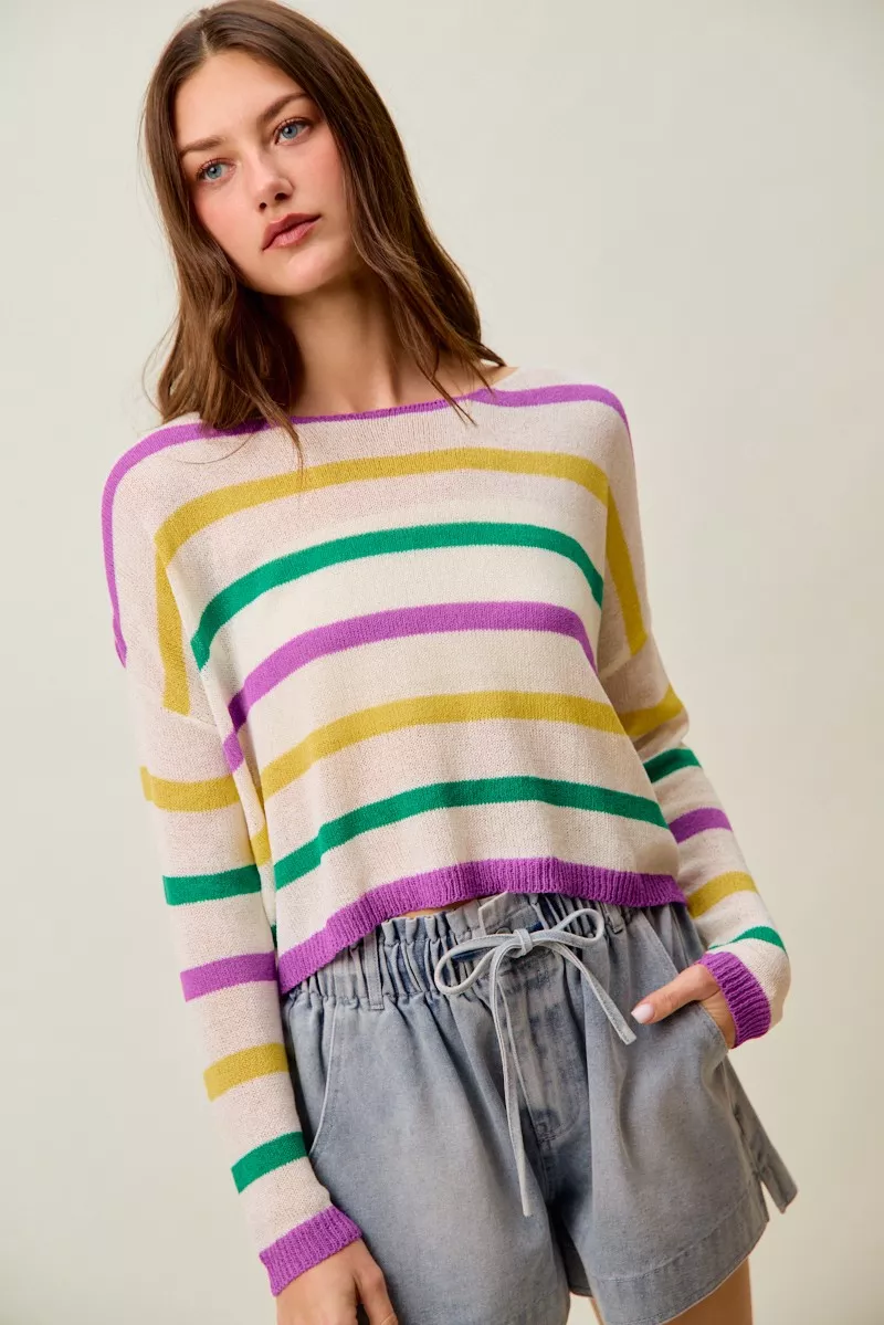 Mardi Gras Color Stripe Lightweight Sweater Top, image 22