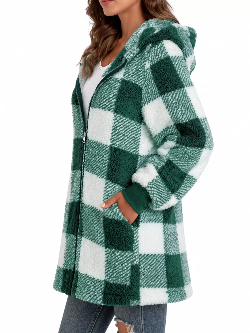 Full Size Plaid Sherpa Hooded Zip-Up Outerwear Plus Size, image 23