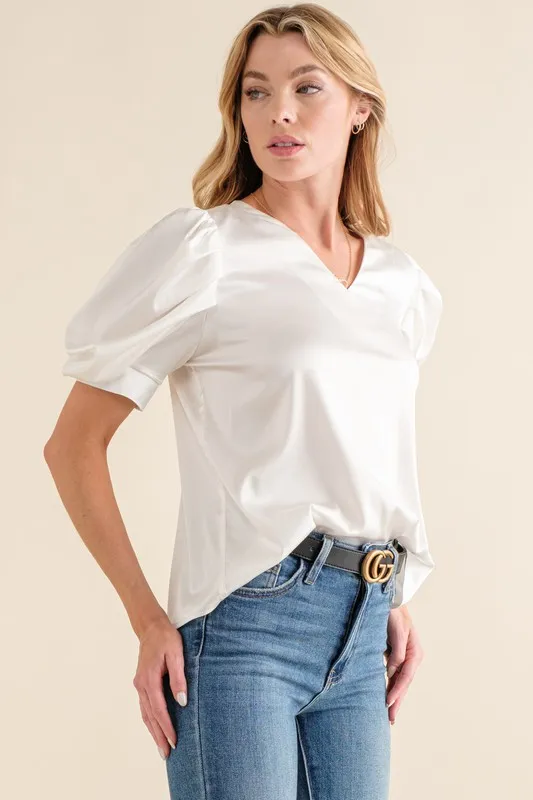 Plain Satin Puff Shirring V Neck Blouse Top, image 4