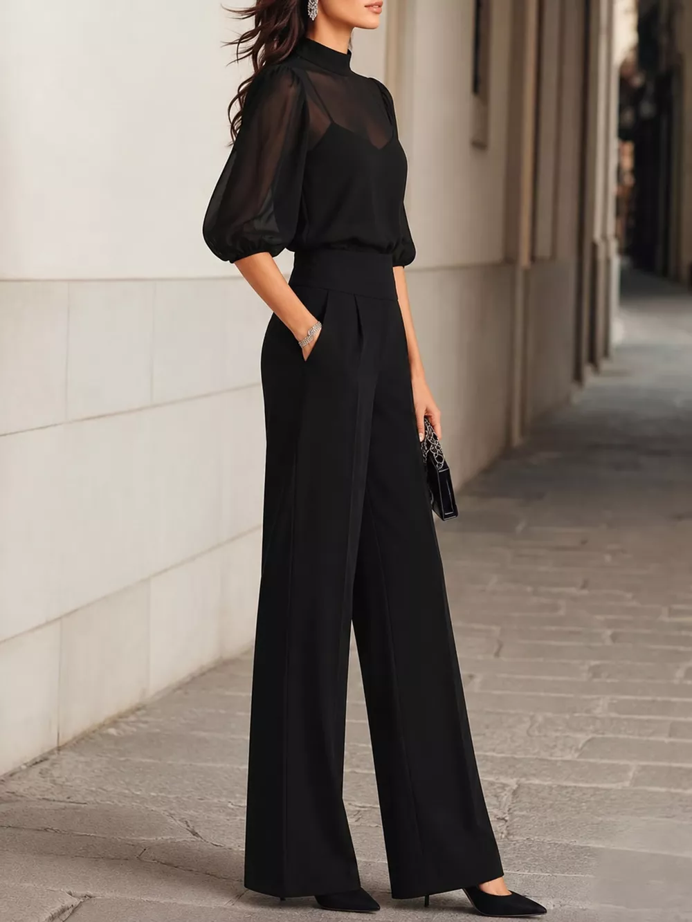 Mock Neck Puff Sleeve Top and Wide Leg Pants Set, image 2