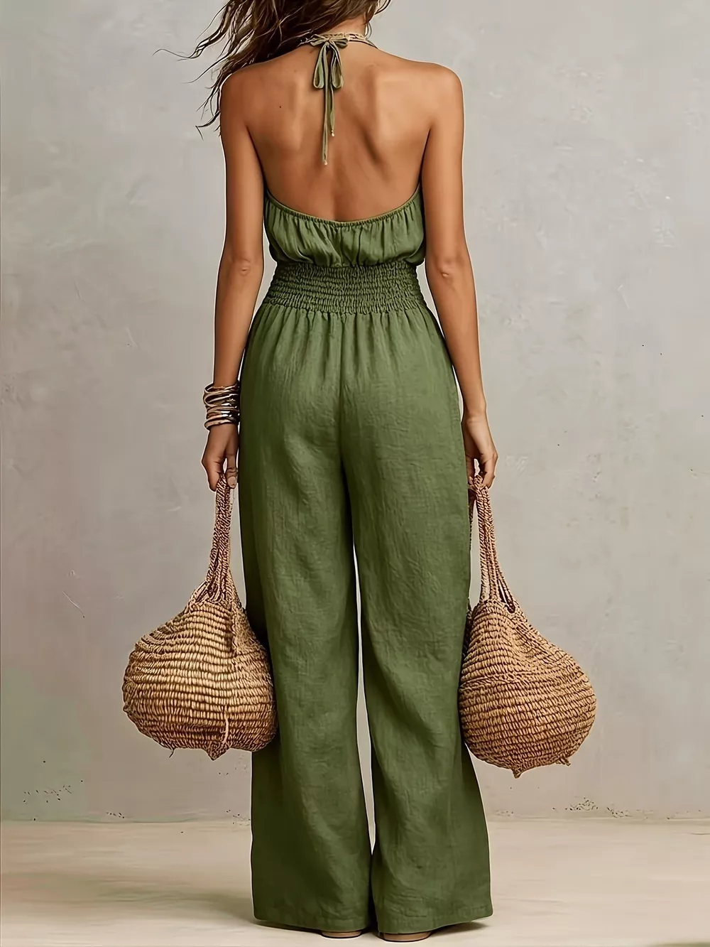 Smocked Halter Neck Wide-Leg Jumpsuit, image 5
