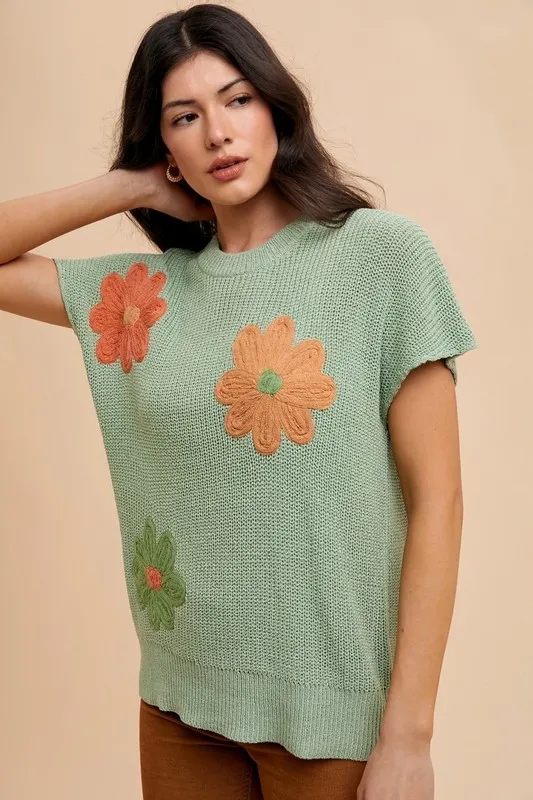 Large Flower Embo Dolman Sleeve Summer Sweater Top, image 2