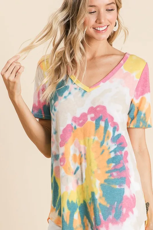 Circular Tie Dye Print V Neck Top, image 8