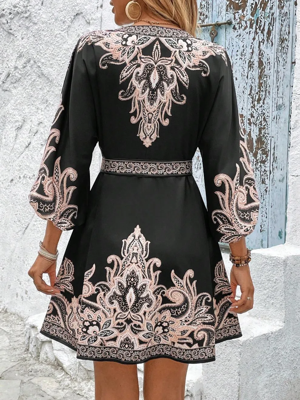 Paisley V-Neck 3/4 Sleeve Mini Dress, image 16