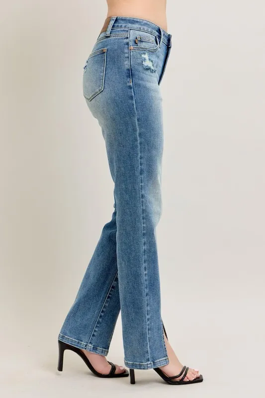 Full Size High Waist Vintage Wash Front Seam & Slit Straight Plus Size, image 14