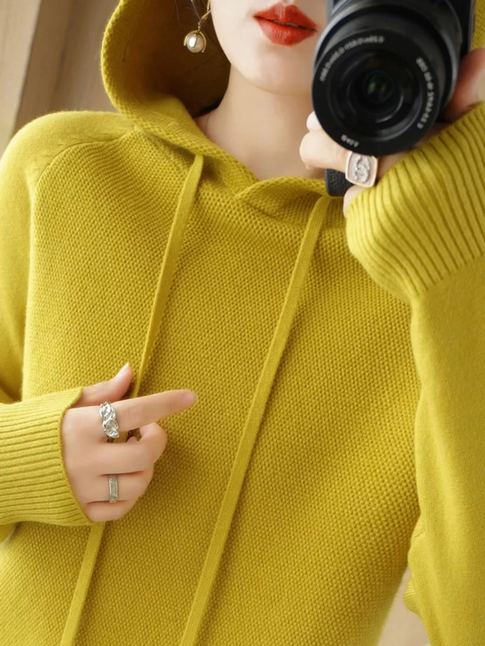Drawstring Long Sleeve Hooded Knit Sweater, image 21