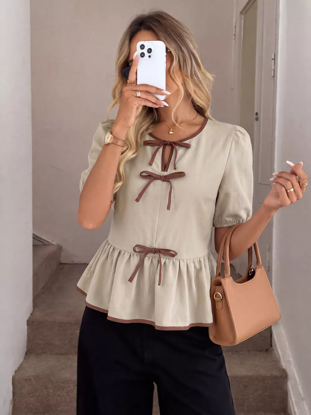 Bow Front Ruffle Hem Blouse, image 4