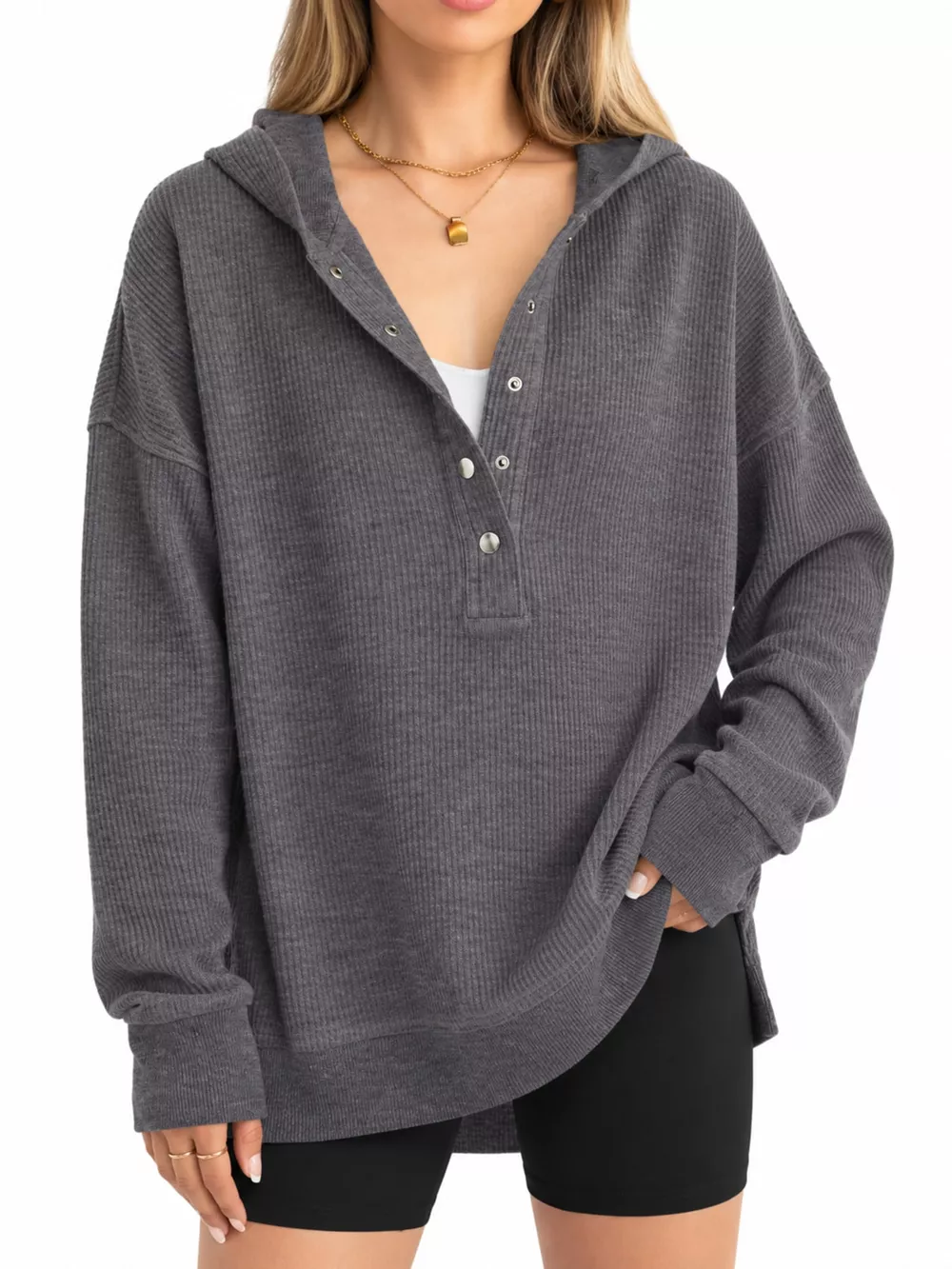 Full Size Snap Button Placket Dropped Shoulder Hoodie Plus Size, image 19