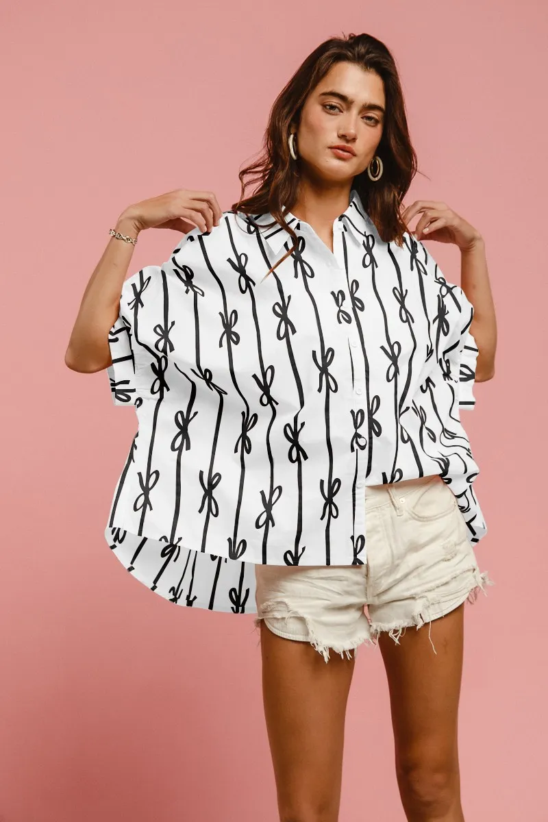 Bow Ribbon Woven Printed Button Down Shirt
