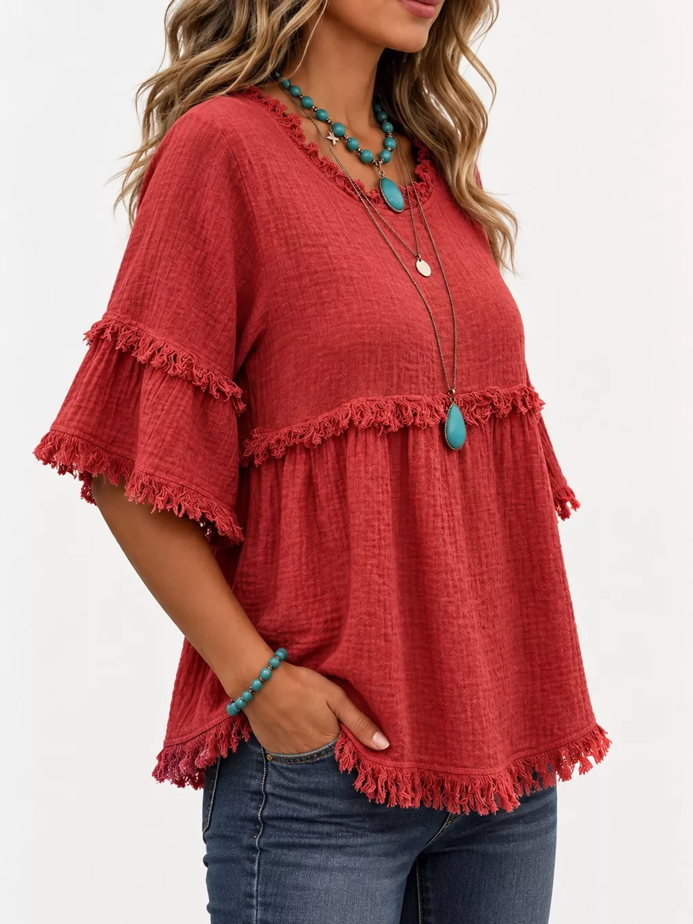 Full Size Frayed Edge Textured Blouse Plus Size, image 23