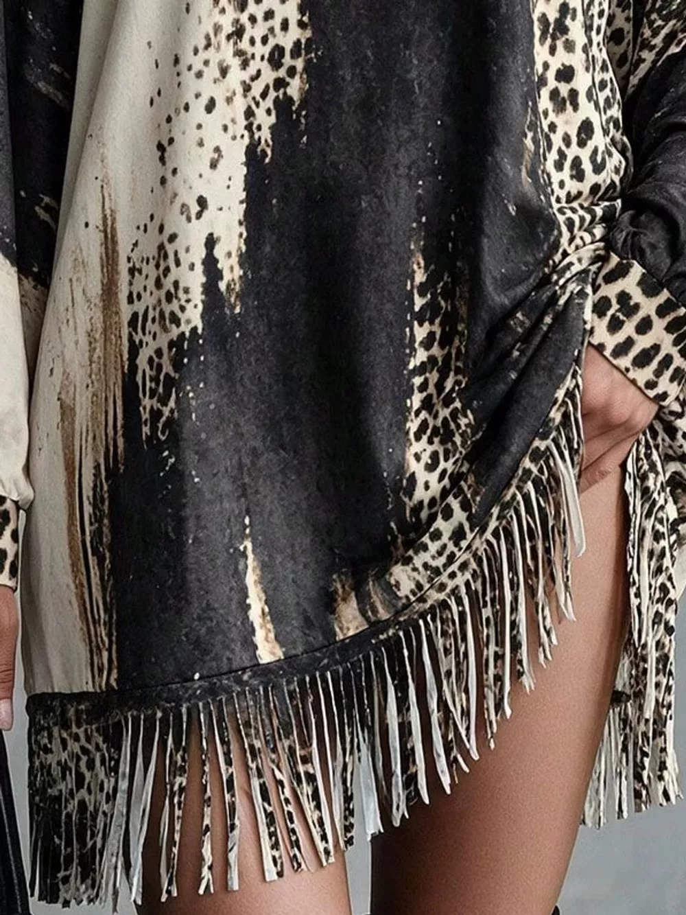 Leopard Print Mock Neck Fringe Hem Mini Dress, image 5