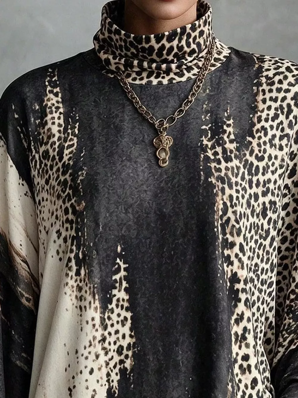 Leopard Print Mock Neck Fringe Hem Mini Dress, image 4