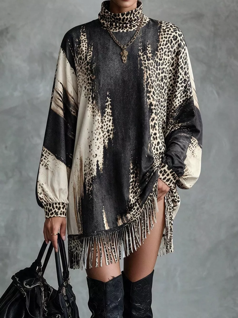 Leopard Print Mock Neck Fringe Hem Mini Dress