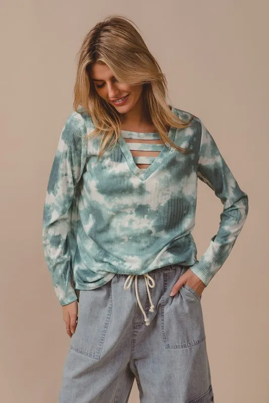 Variegated Tie Dye Rib V-Neck Top with Strapped