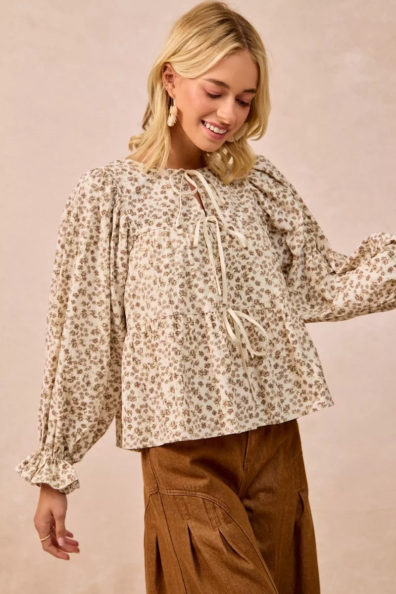 Floral Printed Peplum Blouse with Shirring and Tied, image 3