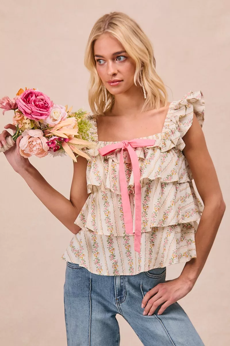 Floral Printed Woven Front Bow Tied Ruffled Square Neck Sleeveless Top, image 9