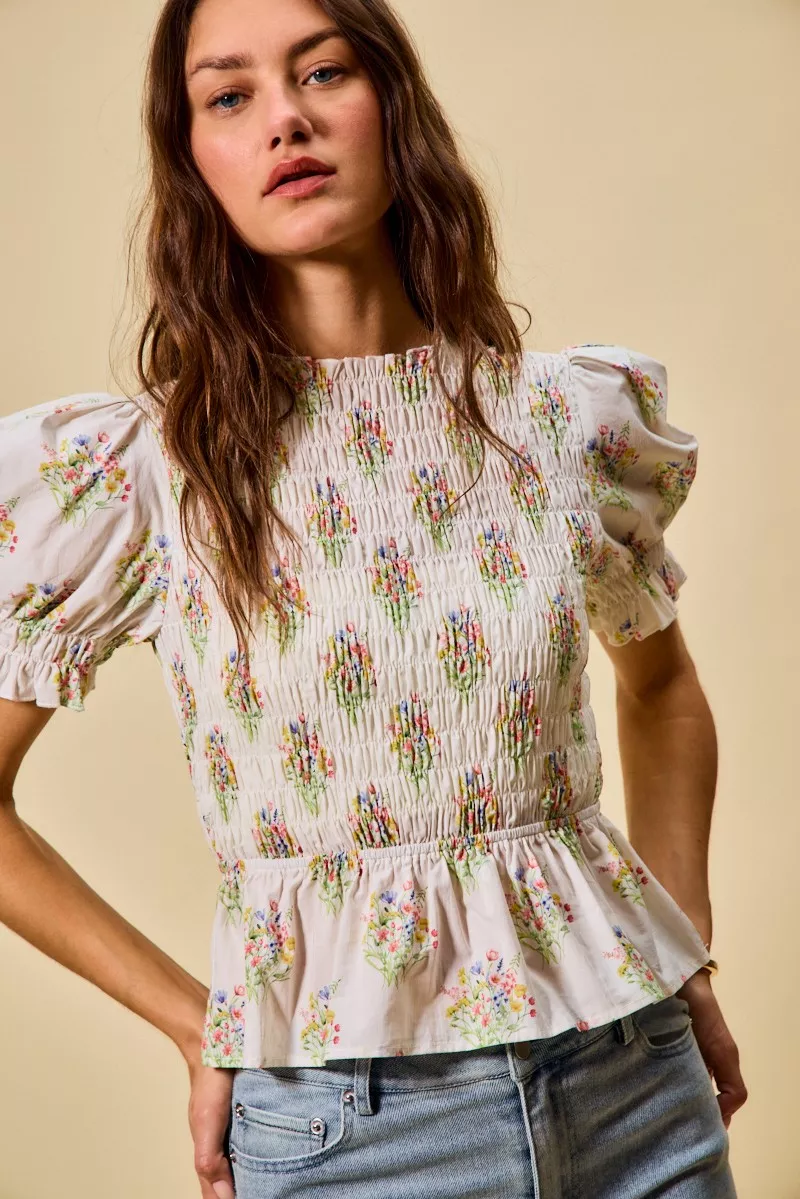 Floral Cotton Smocked Short Sleeves Blouse, image 13