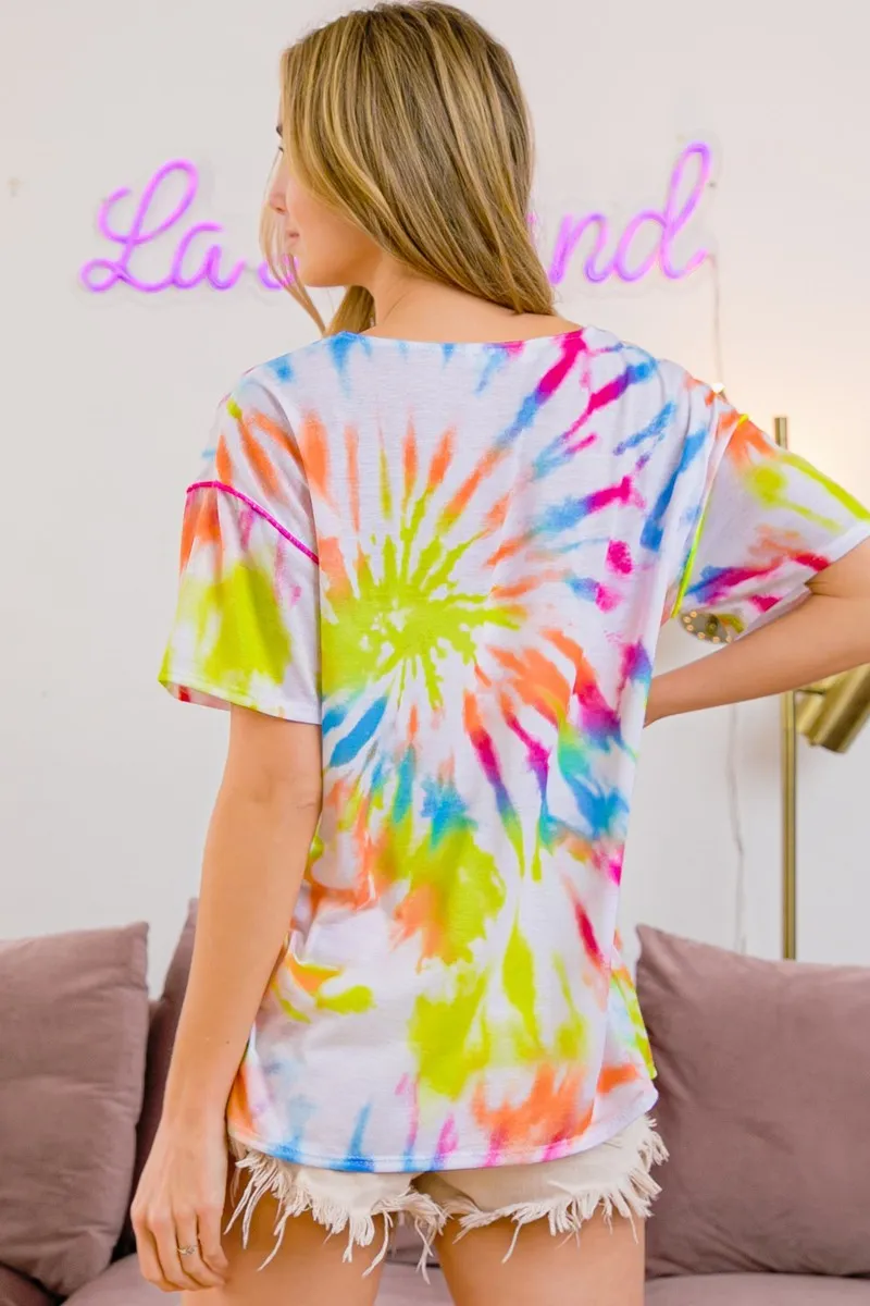 Tie Dye Print Jersey Stitched V Neck Top, image 8