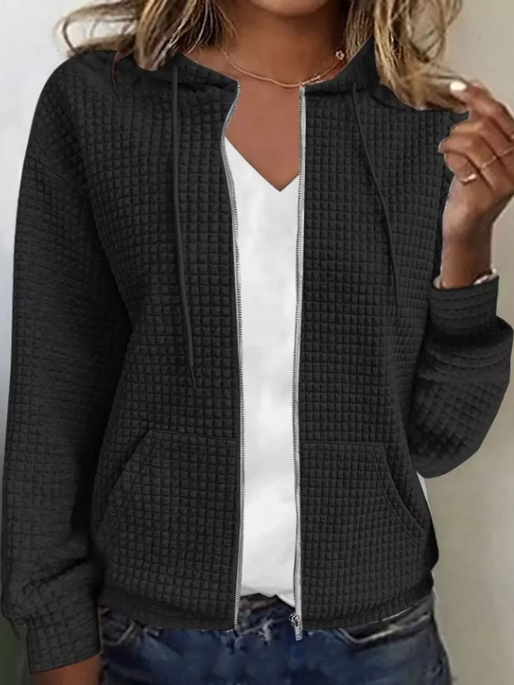 Waffle Knit Zip-Up Hoodie with Drawstring and Pockets