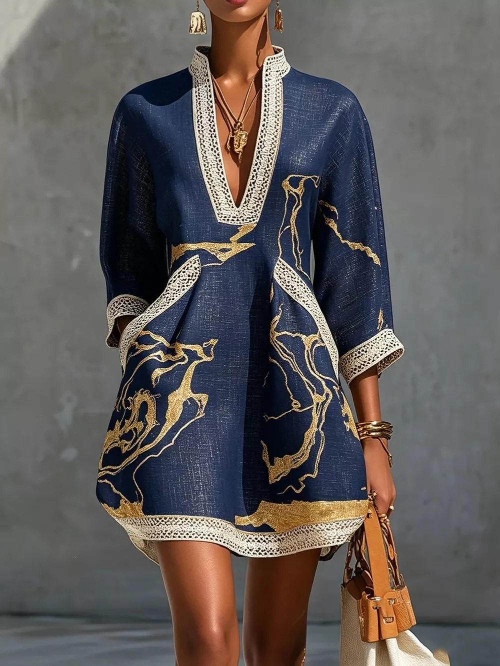 Notched 3/4 Sleeve Mini Dress, image 11