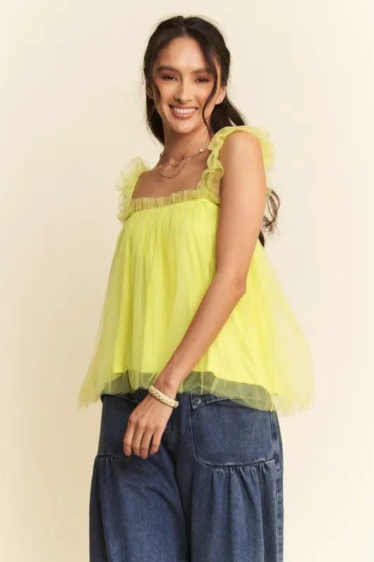 Shirred Ruffle Strap Tulle Babydoll Top, image 7