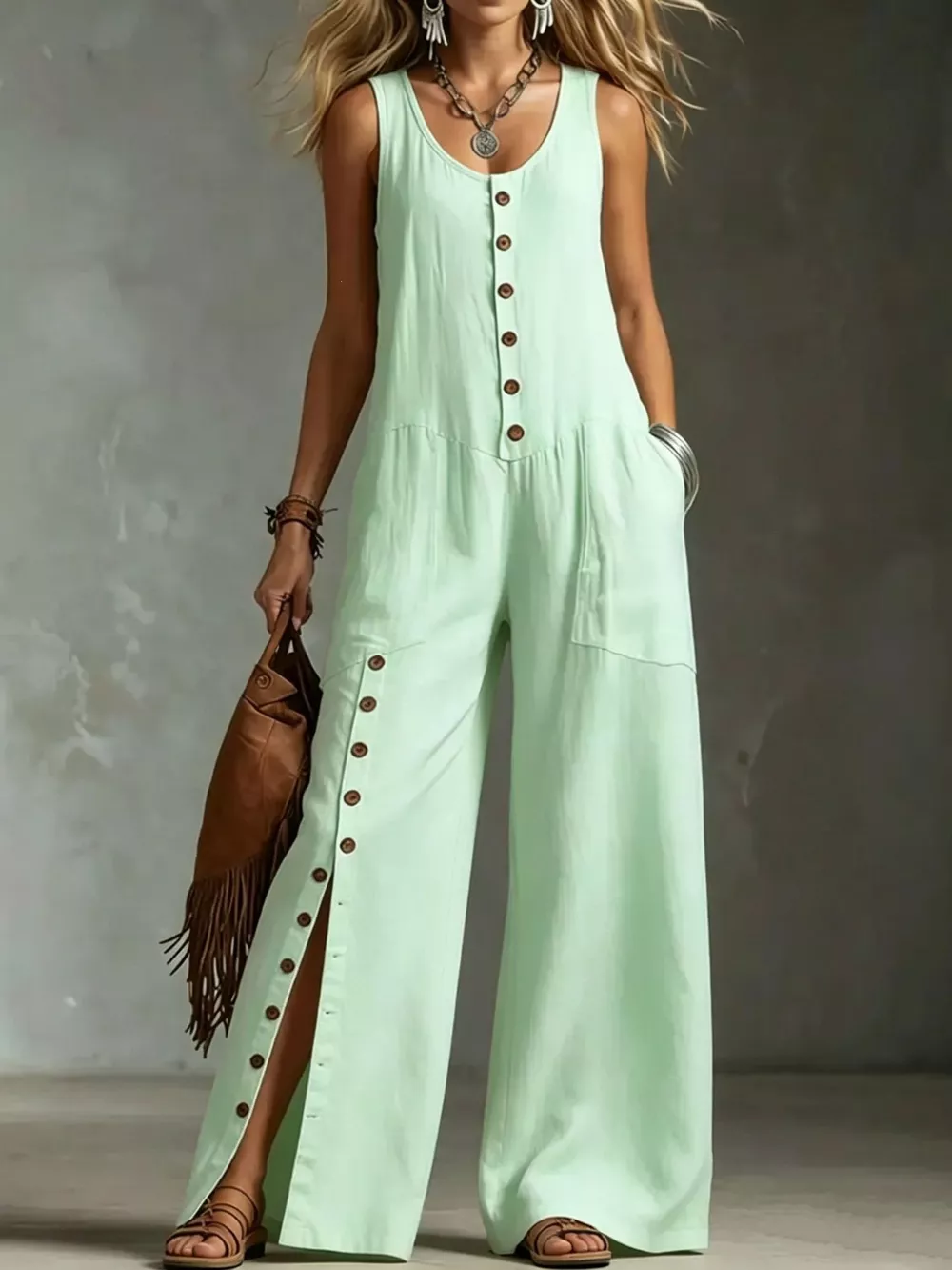 Full Size Sleeveless Button Front Wide Leg Jumpsuit Plus Size, image 9