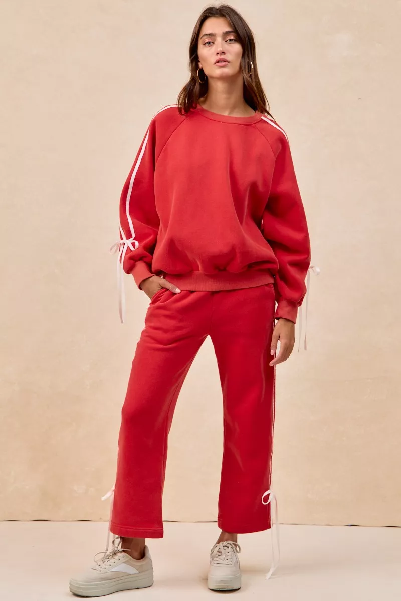 Side Lined Bow Details Fleece Sweatshirt, image 9