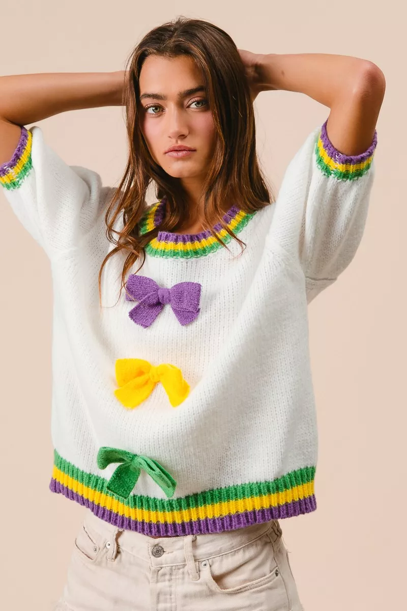 Short Puff Sleeve Ribbon Bow Mardi Gras Sweater, image 2