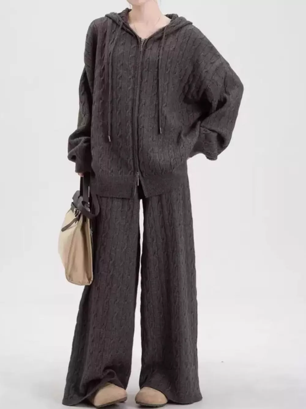 Cable Knit Zip-Up Hooded Cardigan and Wide-Leg Pants Sweater Set, image 2