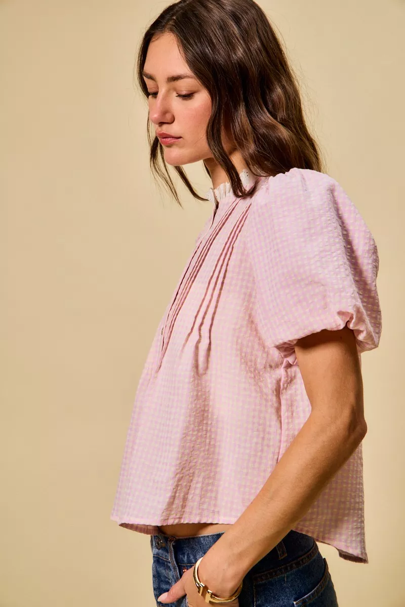 Gingham Lace Trim Button Bubble Sleeves Blouse, image 10