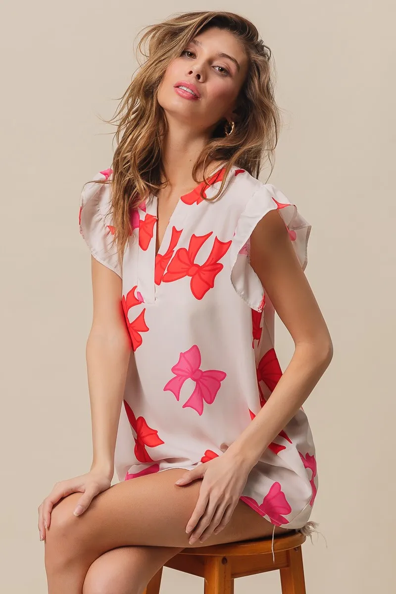 Bow Printed Woven Ruffled Sleeves V Neck Top, image 10